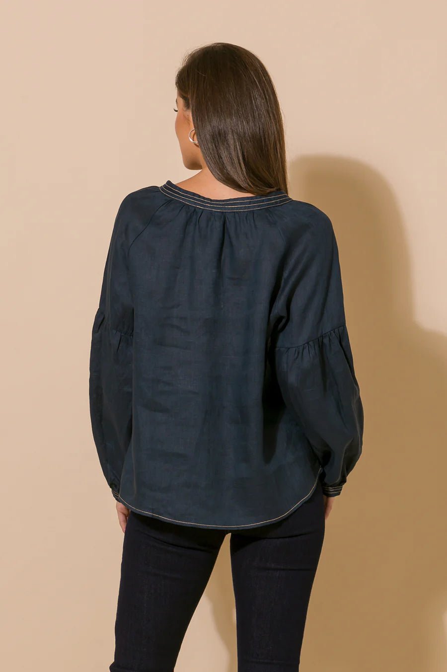 Tristan Contrast Stitch Linen Top (Navy) - Something For Me​​
