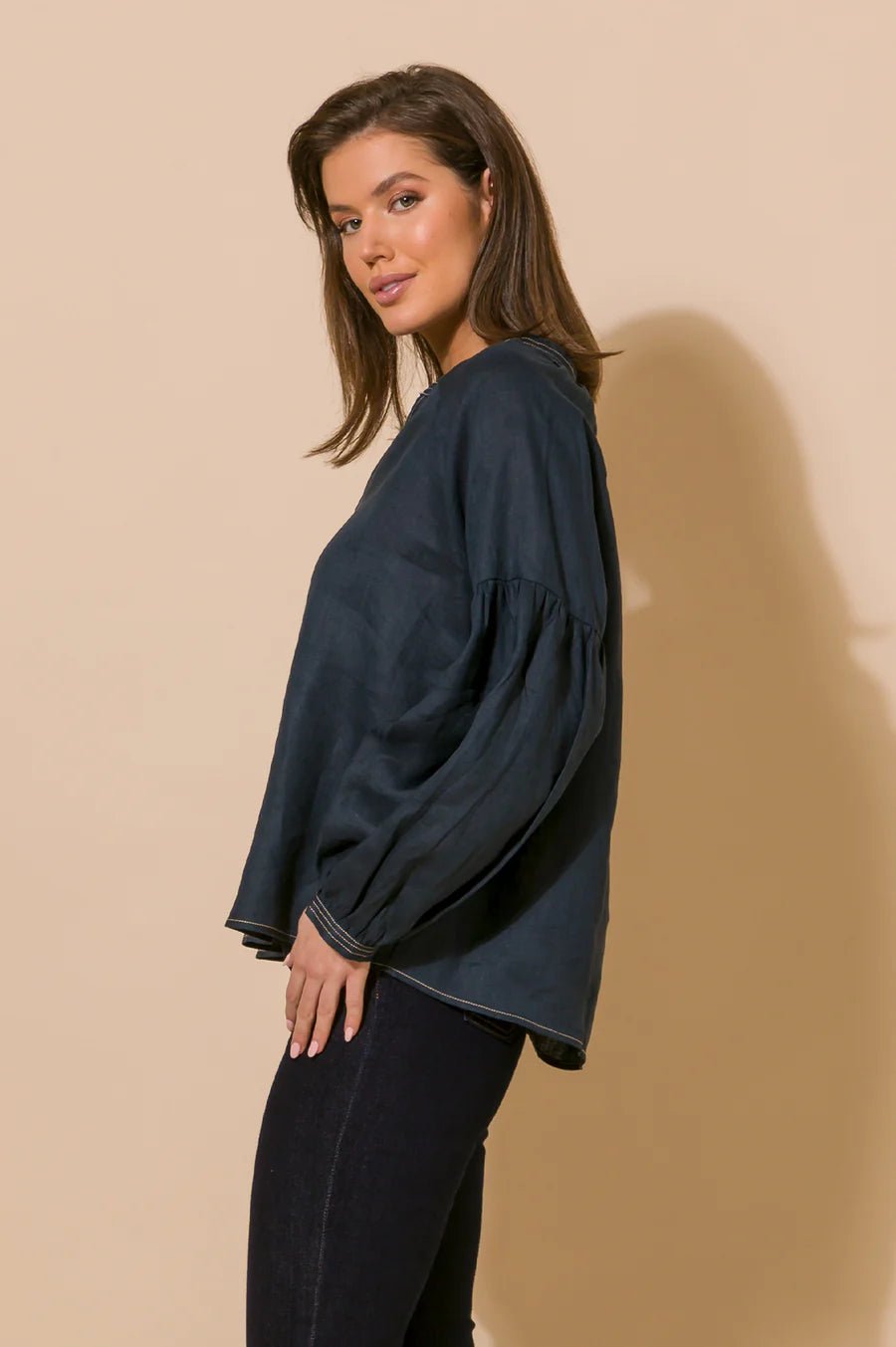 Tristan Contrast Stitch Linen Top (Navy) - Something For Me​​